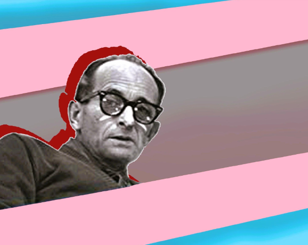 Adolf Eichmann framed in the transgender pride flag. - Photo of Eichmann pulled from the Penguin Classics Edition of “Eichmann in Jerusalem: A report on the Banality of Evil.”
Edited by Justin Hall.