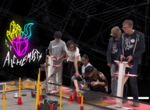 Team members Justin Hall, Joel Brown, and Evan Johnston are pictured
above next to the drivers for 19416 C3 Robotics during their world record match.