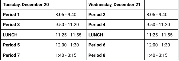 The semester test schedule for Dec. 21-22. 