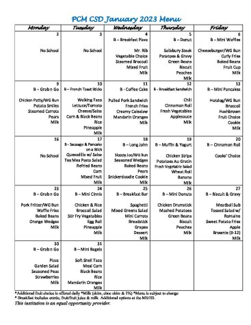 January 2023 lunch menu