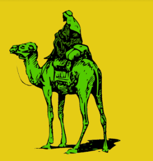 The Logo associated with the silk road website pictured on a yellow background. Edited by Justin Hall