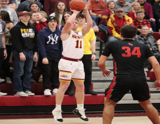 Senior August Stock shoots a three pointer against Roland Story on Feb. 3. Stock finished with ten points, two assists, six rebounds and one steal. Photo by Stephanie Stock. 
