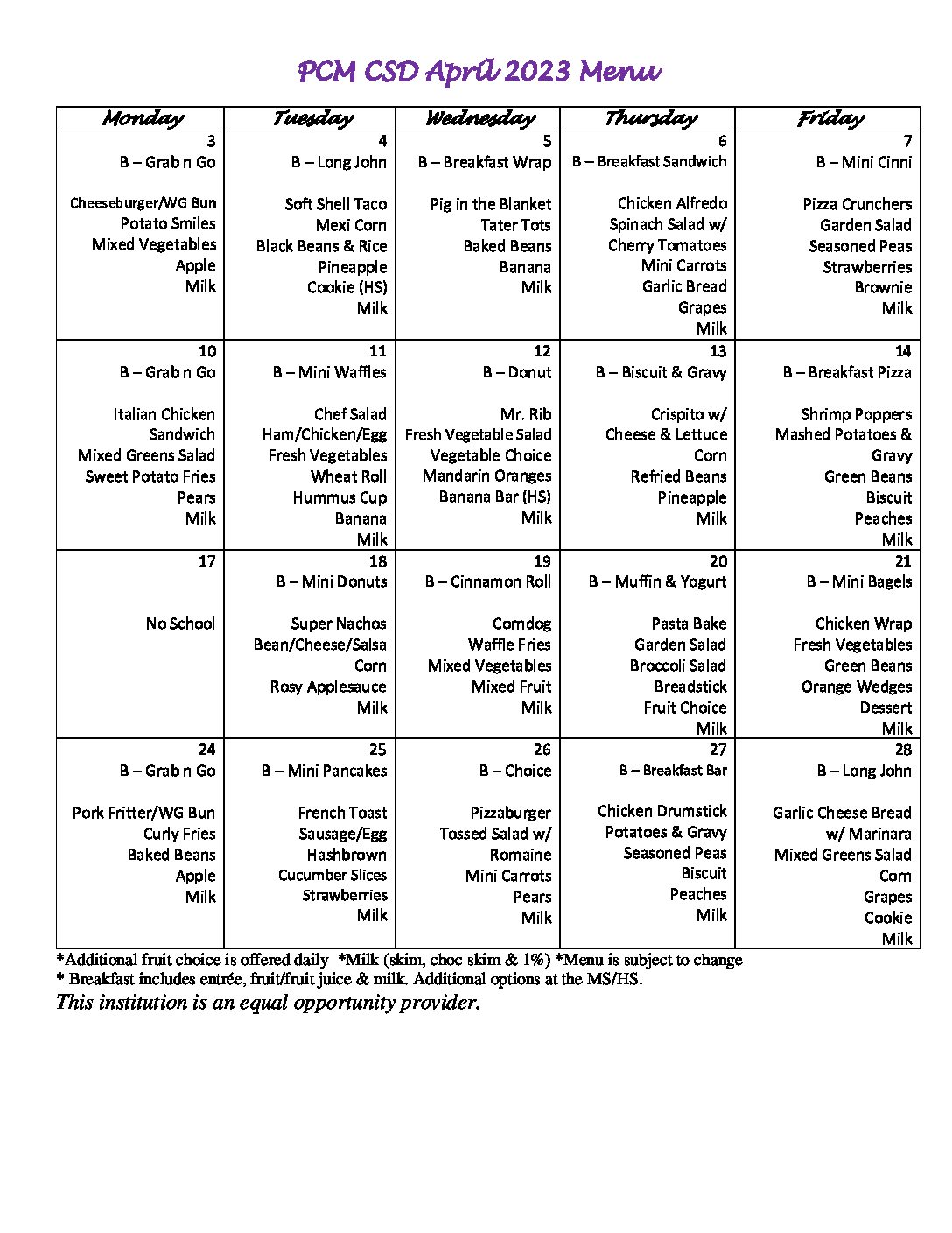 The PCM Outlook | April 2023 lunch menu