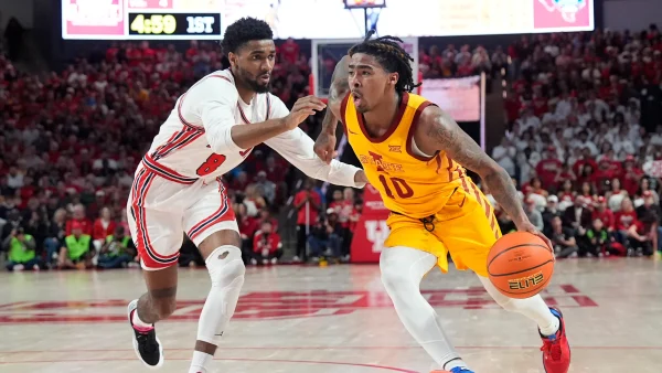 Iowa State Player drives to the hoop in the Cyclones loss at #2 Houston USA 