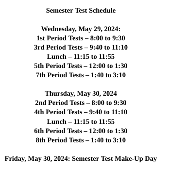 Spring 2024 Semester Test Info