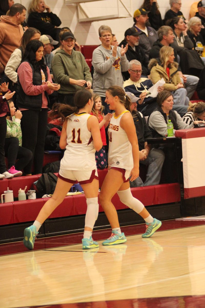 Senior Addi Steenhoek and Junior Tori Lindsay celebrating 