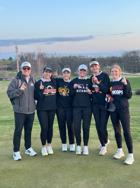 Girls PCM golf team after their meet on Friday, April 10. From left to right: Coach Dylan Dunn, Kayla VanderLinden, Seriah Nolan, Gretchen Uitermarkt, Annie Ford, and Lucy DeHaai.